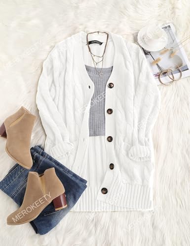 Image of MEROKEETY Womens Fall 2026 Long Sleeve Cable Knit Cardigan Sweaters