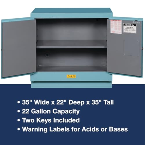 Image of Justrite Acid Corrosive Storage Cabinet - 22 Gallon 2 Door Self Close Chemical Storage Cabinet with Removable Polyethelene Trays - 22 inch x 35 inch x 35 inch - Made in The USA - Light Blue - 892322