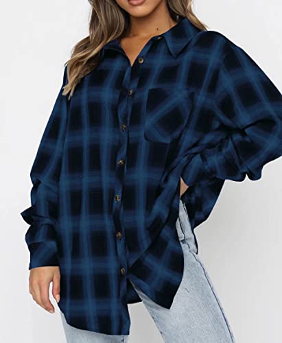 Image of Lacozy Womens Buffalo Plaid Flannel Shirt Long Sleeve Collar Button Down Blouses Tops