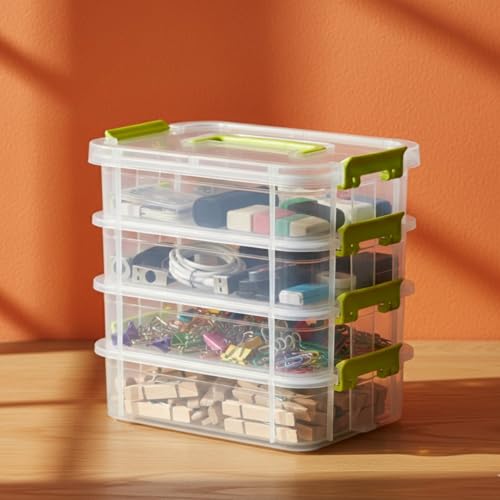 Image of plastic boxes for Storage transparent boxes for storage, Portable & Stackable Space Saving Organiser with Lid for Medicine, Jewelry, Arts & Crafts, Buttons, Beads (Green, 4 TIER)