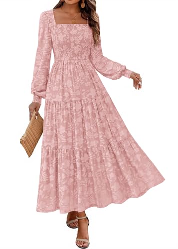 KIRUNDO Wedding Guest Dresses for Women Long Sleeve Smocked Floral Flowy A Line Boho Maxi Dress Fall Clothes(Pink, Small)