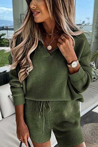 Prettygarden Women's 2 Piece Outfits 2023 Winter Long Sleeve V Neck Knit Pullover And Shorts Sweater Pajama Sets (Army Green,Medium) #TOP1