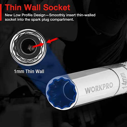 Workpro 14Mm Magnetic Swivel Spark Plug Socket, 3/8" Drive X 12" Total Length, Enhanced Magnetic Design With Thin Wall Socket, 360 Degree Swivel, 12 Point #TOP5