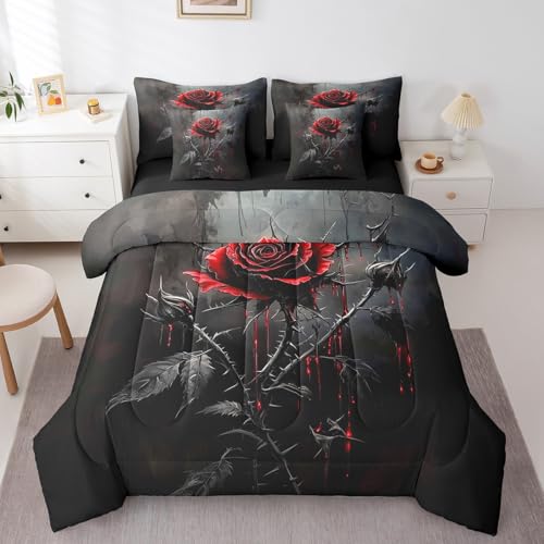Castle Fairy Red Rose Full Comforter Set 7 Pcs,Gothic Rose Flowers Kids Comforter Blanket,Happy Halloween Theme Bedding Sets with Comforter,Flat Sheet,Fitted Sheet,Pillowcases and Pillow Covers