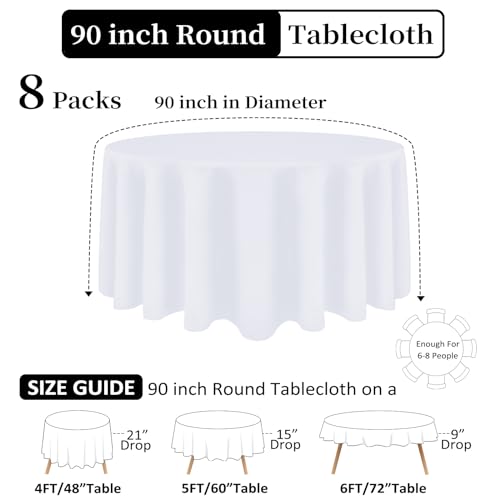 8 Pack White Round Tablecloth 90 Inch White Table Cloth Stain and Wrinkle Resistant Round White Tablecloths Reusable and Washable Polyester Fabric Table Covers for Buffet Wedding Party and Banquet