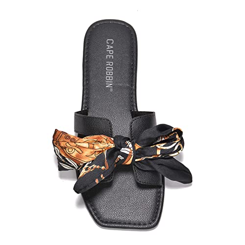 Cape Robbin Enzio Flat Sandals Slides For Women, Womens Square Toe Mules Slip On Shoes With Bow - Black Size 7 #TOP2