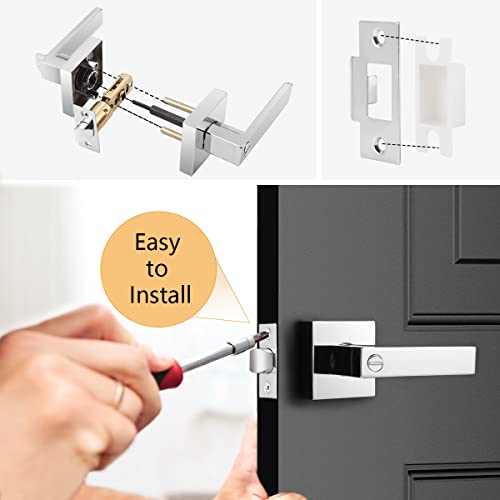 Probrico Polished Chrome Privacy Door Levers Heavy Duty Lockset For Interior Bedroom/Bathroom, Flat Square Universal Handing Handlesets/Leversets, 6 Pack #TOP3