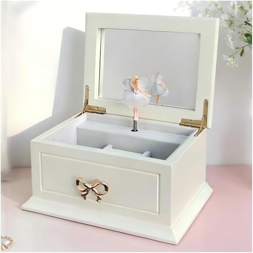Liou PapaQ White Musical Jewelry Box with Ballerina for Girls and Women, Wooden Storage Organizer with Mirror,Swan Lake Tune, Great Gifts for Christmas,Birthday and all Holidays