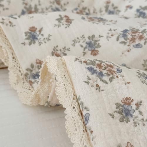 Image of BuLuTu French Country Blue Floral Quilted Blanket with Lace Edges, Muslin Cotton Toddler Bed Baby Crib Comforter Girls Boys Nursery Decor, 47 inchx59 inch, Soft Lightweight, Ballon Flower Print