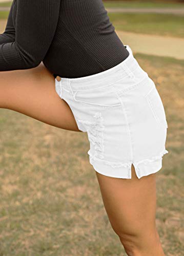 roswear Women's Ripped Mid Rise Stretchy Denim Jeans Shorts White Medium - Image 5