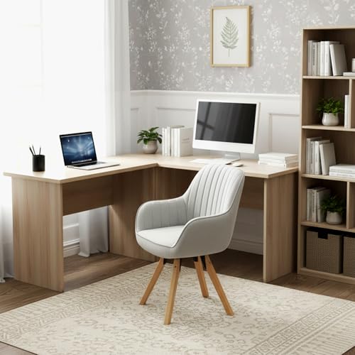 Meuble Cosy Fauteuil de Bureau Chaise Ergonomique Siège Pivotant avec Accoudoir en Tissu, sans roulettes, Capacité 120 kg, Beige