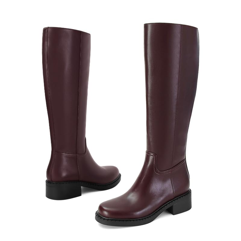 Image of Dsevht Black Knee High Boots for Women Faux Leather Elastic Low Heel Round Square Toe Side Zipper Fall Long Tall Boot
