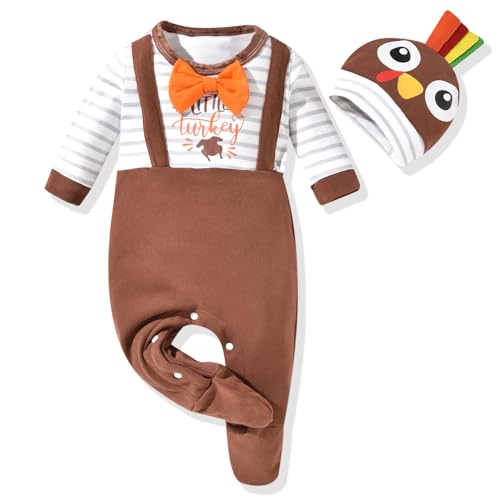 Image of HINTINA 0-3 Month Infant Baby Boy Thanksgiving Footed Romper Little Turkey One-Piece Jumpsuit Outfits Fall Winter Clothes Clothing Set