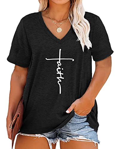 Plus Size Faith Shirts Womens V Neck Tshirt Graphic Tees Christian Short Sleeve Summer Tops