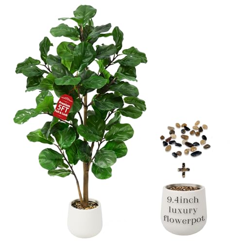Keeplush Kunstpflanze Fiddle Ficusbaum 150cm, Künstliche Pflanzen Groß mit Weißem Topf und Zierkieseln,Kunstpflanzen Wie Echt zur Dekoration von Büros, Wohnzimmern und Schlafzimmern