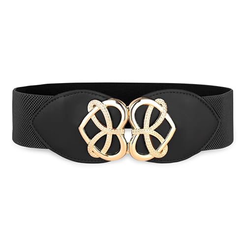 BlackButterfly Wide Elastic Cinch Stretch Waistband Retro Gold Heart Buckle Waist Belt
