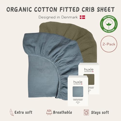 Image of Crib Sheets - Organic Cotton Muslin Fitted Crib Sheet - Standard Size for Baby Boy and Baby Girl 28 inch x 52 inch Ultra-Soft and Breathable - 2-Pack (Tradewinds /Sage Green)