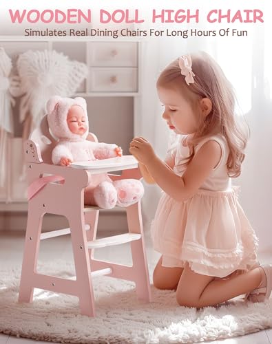 ROBUD Baby Puppe Hochstuhl, Möbel für Kleinkinder zum Rollenspiel mit verstellbarem Sicherheitsgurt, Tischplatte & Fußstütze, geeignet für Puppen bis zu 18'', Rollenspielzeug für Kinder ab 3+ (Rosa)