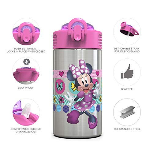 Image of Zak Designs Disney Minnie's Happy Helpers - Stainless Steel Water Bottle with One Hand Operation Action Lid and Built-in Carrying Loop, Kids Water Bottle with Straw Spout (15.5 oz, 18 /8, BPA Free)