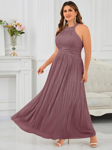 Image of Ever-Pretty Plus Women's Floor Length A-Line Halter Sleeveless Pleated Glitter Plus Size Formal Dress Evening Gown