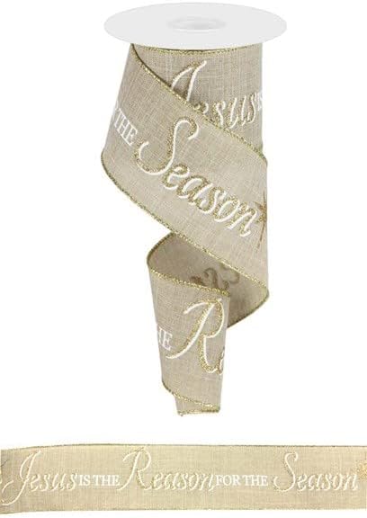 Craig Bachman 2.5 Jesus is The Reason Ribbon: Natural & Gold (10 Yards) Wired Ribbon Gift Wrapping