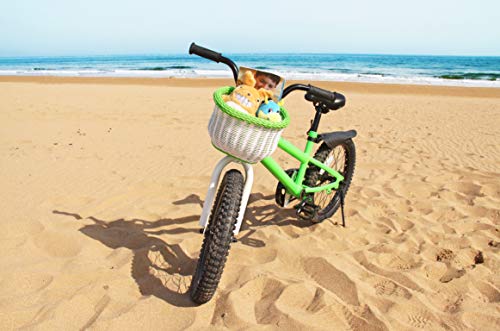 Colorbasket 01297 Kid's Front Handlebar Bike Basket, All Weather, Water Resistant, Adjustable Leather Straps, White With Green Trim #TOP4