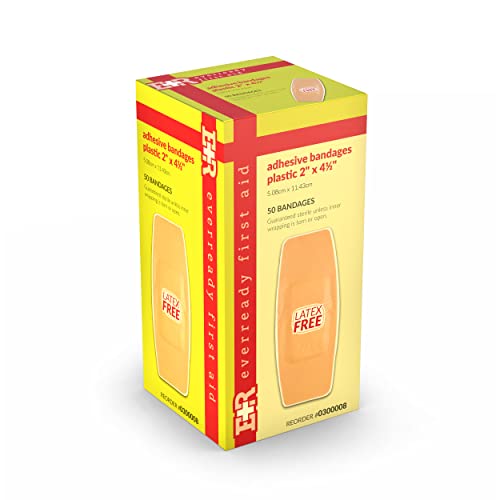 Ever Ready First Aid 2” x 4 ½” Plastic Adhesive Bandages, Latex-Free, Sterile Strips for Wound Protection – 50 Count