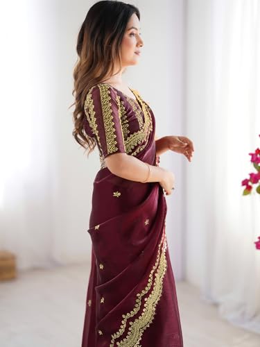Image of Satrani Women's Shimmer Chiffon Sequins Embroidery Saree with Unstitched Blouse Piece