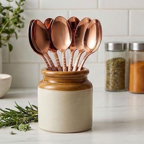 Image of 8 inch Rosegold Silverware Dinner Spoons with Floral Printed Handle | 5-Piece Premium Stainless Steel Flatware Set | Dishwasher Safe Cutlery Set for Home, Restaurant & Gifting