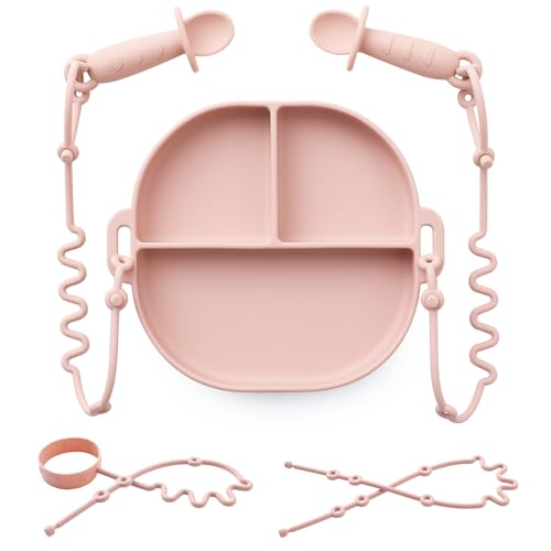 Image of Andy Bear Silicone Plates for Babies with Suction Divided Baby Spoons Silicone Baby Toy Straps All-in-one Plates Silicone Placemat for Babies Toddlers Attachable Tethers & Built-in Suction Cups-Blush