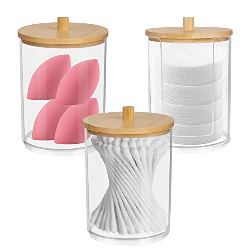 Swetup 3 Stücks Wattepads Behälter Box mit Bambusdeckel, Wattebausch Behälter, Wattepads Kosmetik Aufbewahrung, Transparente Wattestäbchen Aufbewahrungsbox für Kosmetik, Wattebällchen, Wattestäbchen Cover