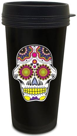 Candy Sugar Skull Black 16 Oz Plastic Coffee Travel Mug