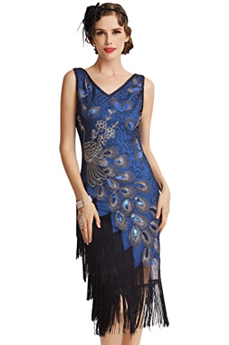 BABEYOND 1920er Jahre Vintage Pfau Pailletten Kleid Gatsby Fransen Flapper Kleid brüllend 20er Jahre Party Kleid, Blau mit schwarzen Fransen, Mittel