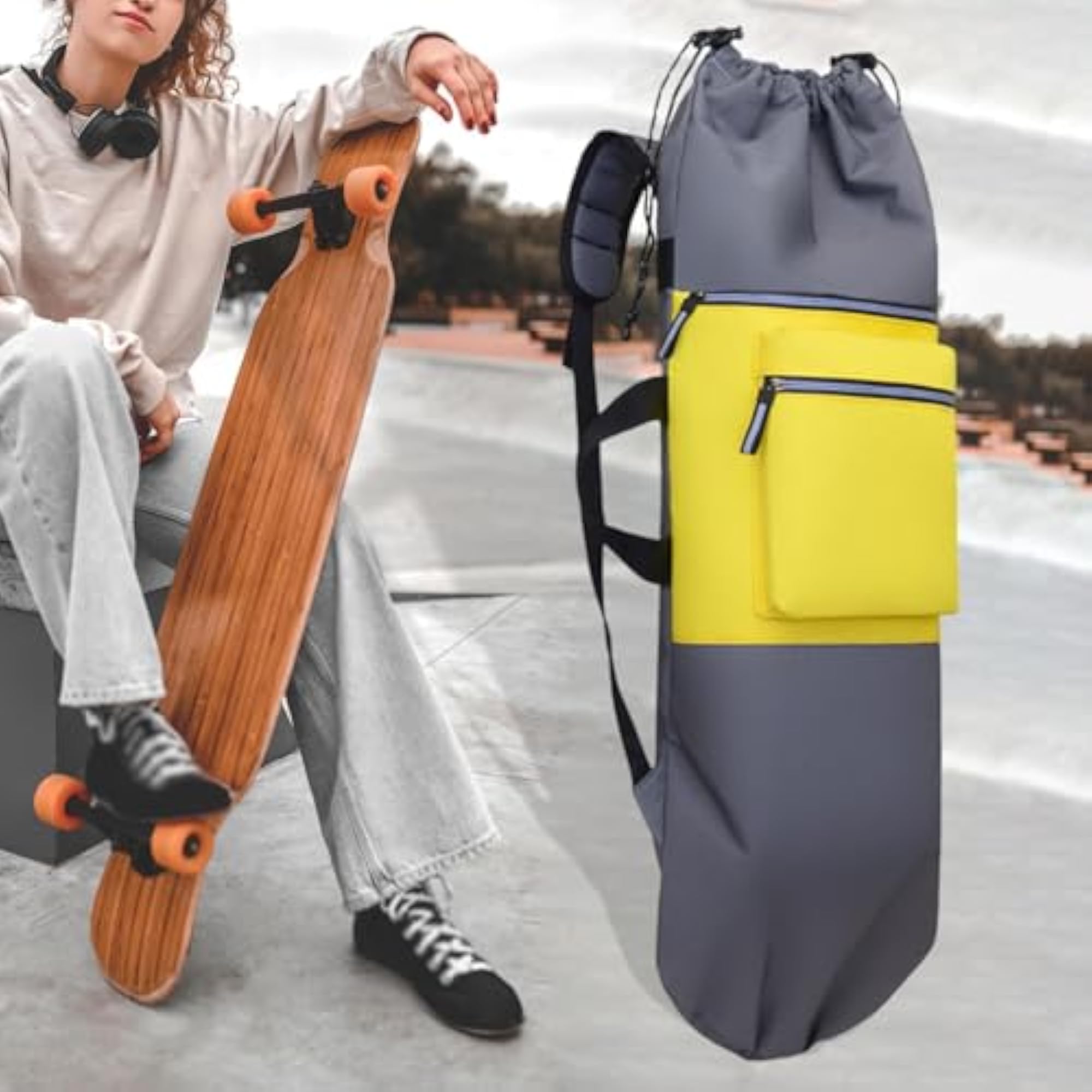 Skateboard Backpack Drawstring Closure for Outdoor Activities, Gray