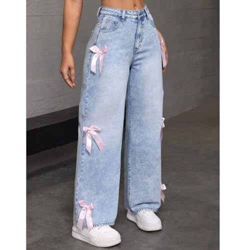 Baggy Jeans for Women Teen Girls Bow Cute Denim Jeans High Waisted Straight Leg Pants Aesthetic Scene Clothes3