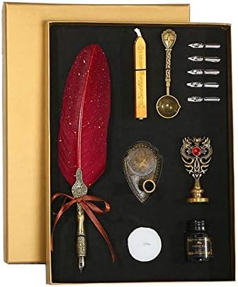Sprinkle gold luxury retro feather pen dip calligraphy calligraphy pen writing ink 5 nib set stationery gift box (Color : Burgundy)
