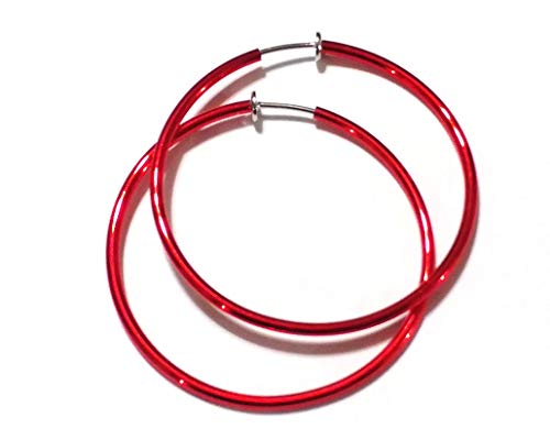 Aretes tipo círculo rojo clip-on 1.5 pulg