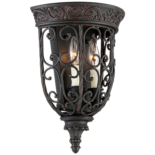 Image of Franklin Iron Works French Scroll Farmhouse Rustic Wall Light Sconces Set of 2 Rubbed Bronze Brown Metal Hardwired 10 1 /2 inch Fixture for Bedroom Bathroom Vanity Living Room Home Hallway Dining House