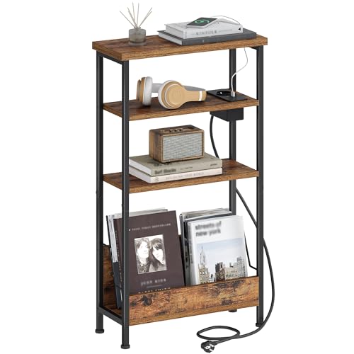Hzuaneri Beistelltisch Schmal, 4-Stufiger Beistelltisch Couch mit Zeitschriftenhalter und Ladesteckdosen, Geeignet als Nachttisch für Wohnzimmer oder Arbeitszimmer, Vintagebraun-Schwarz ET40001BEU