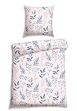 Schiesser Bettwäsche-Set Aimee aus weicher Baumwolle in filigranem Botanik-Print auf zartem Rosa, Farbe:Rosa und Blau, Größe:135 x 200 cm + 80 x 80 cm