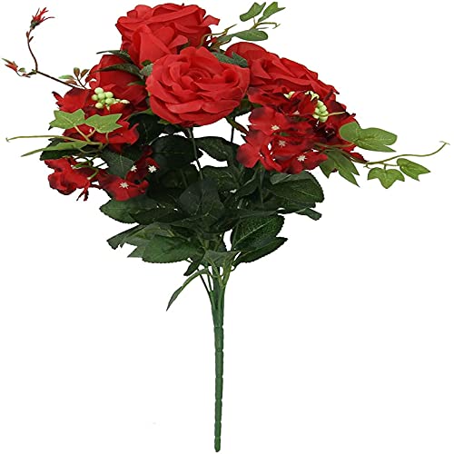 YYHMKB Bouquet de 9 têtes de Roses et d'hortensias ! Bouquet de tiges de Fausses Fleurs en Soie Artificielle [Violet] Rouge