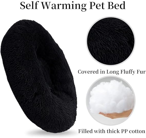 Image of ZEXSAZONE Summer Round Donut Calming Dog and Cat Bed, Anti-Anxiety Warming Soft Fluffy Faux Fur Plush Cushion for Medium Dogs, Cats & Puppies, Black Medium