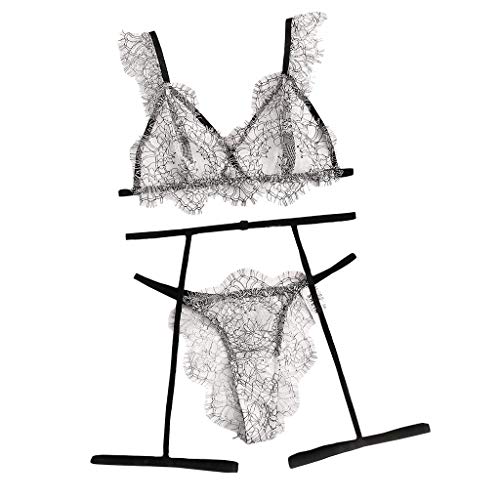 Atezch Women Lingerie Sets with Garter Belt 2 Piece Lace Teddy Babydoll Sexy Bodysuit Sexy Eyelash Floral Lace Suit (White, M)