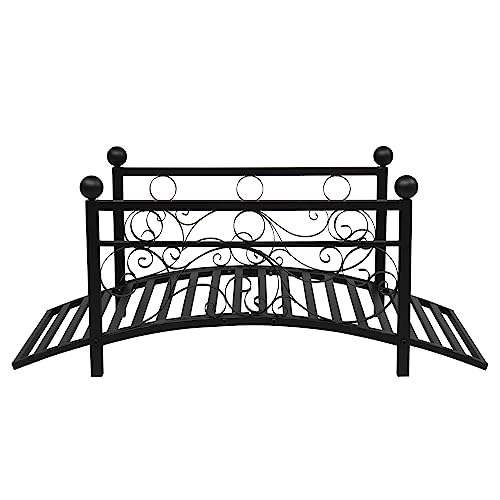 Kcelarec Outdoor Metal Arch Garden Bridge with Safety Siderails, Decorative Footbridge, Delicate Scrollwork & Corner Spheres for Stream
