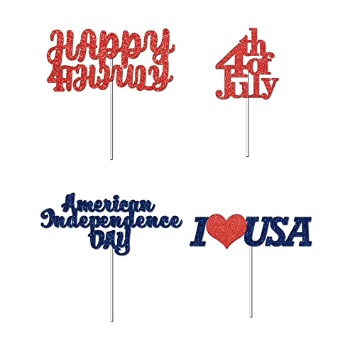 Juttira 4 Pcs Happy Independence Day Cake Toppers Red Blue 4Th Of July Glitter Patriotic Topper I Love Usa Decorations American National Picks Food Appetizers Toothpicks #TOP1