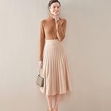 FLLLYQ Damen Rock Stricken - Winter Warm Pure Color Kaschmirrock, Wadenlänge Gestrickter A-Linien Rock Faltenrock, Casual Elastic Flare Rock, Beige, M