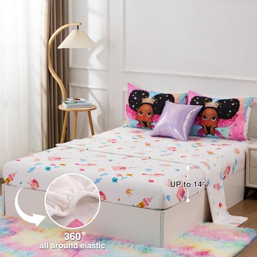 A Nice Night Black Girl Princess With Wings Comforter Set,Pink Gradient Glitter Rainbow Galaxy 6Pcs Kids Bedding Set,Twin thumb #2