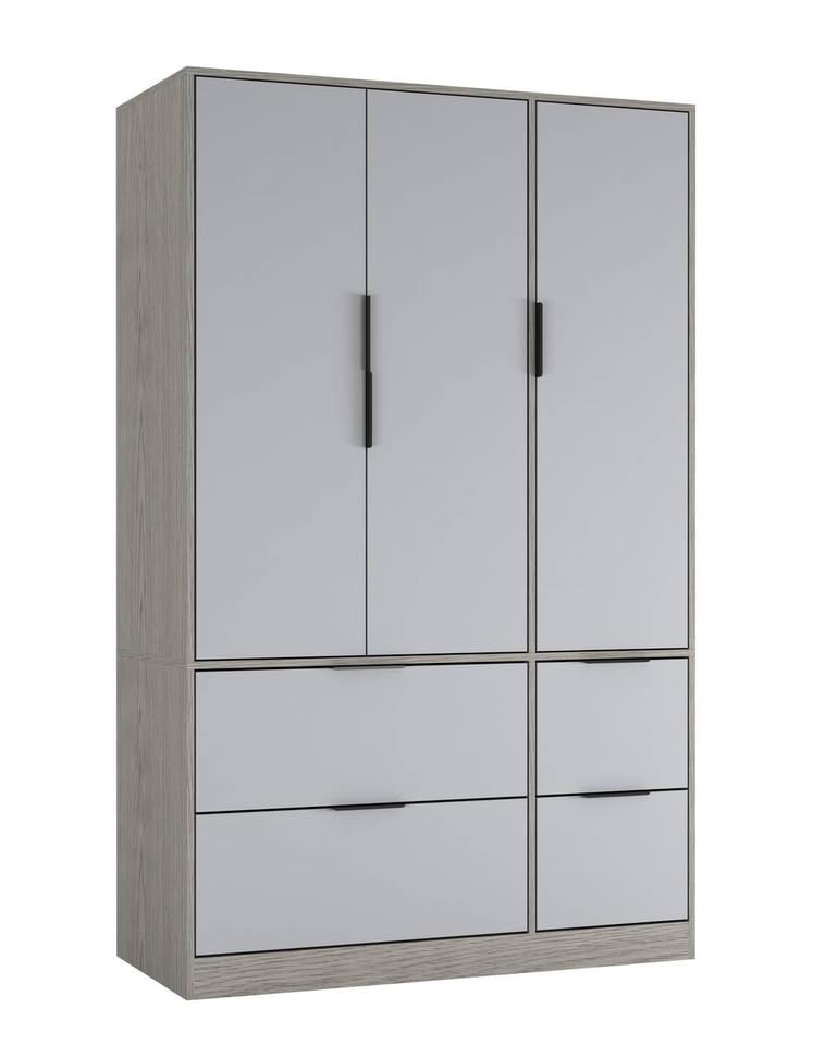 URBNLIVING 3 Door Wardrobe with 4 Drawers – Wooden Bedroom Storage Cupboard with Hanging Rail for Clothes - Cedar Grey Unit & Grey Doors & Drawers