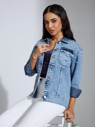 Image of Miss Chase Women's Polo Neck Full Sleeves Patch Pocket Denim Overcoat Knee-Length Jacket