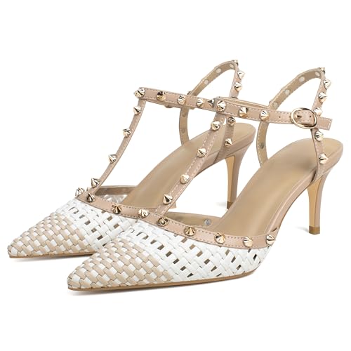 Image of XINIUNIU Studded Heels for Women Kitten Heels with Studs Stiletto Sandals with Rivet Ankle Strap Patent Leather Pointy Toe 2.5 Inch Party Daily Wear Evening Sandals